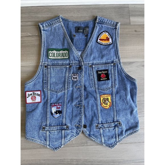 Lizwear Women’s Denim Vest Sz Medium State Park Patches Colorado Yellowstone - Picture 1 of 10